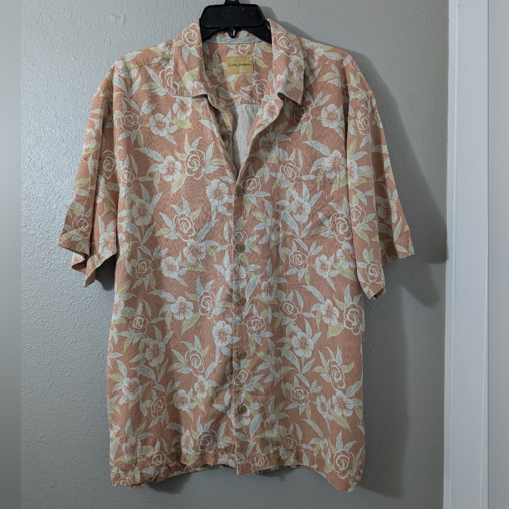 Tommy Bahama Floral Tan Button Down Shirt Silk Shirt